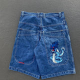 Advbridge Y2K New Shorts Denim Capris Harajuku Hip Hop Vintage Graphic Print Loose Denim Shorts Mens Casual Straight Wide Leg Blue Shorts