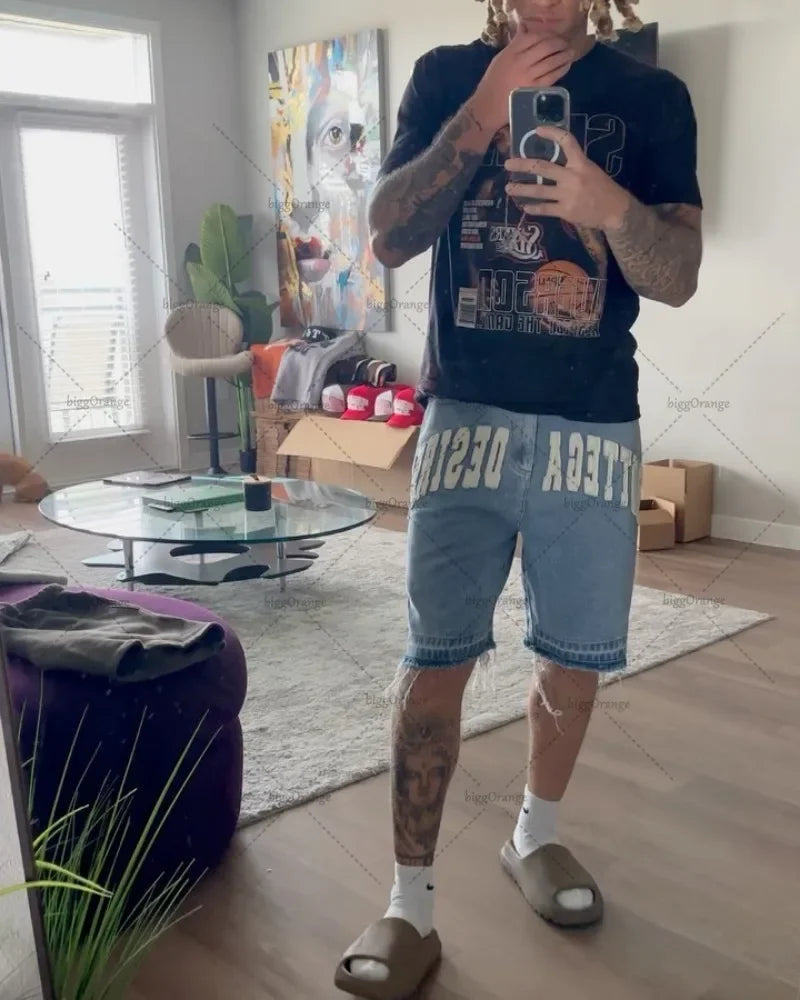 Advbridge 90s Streetwear American New Letter Embroidery Wash Jeans Shorts Y2K Street Fashion Harajuku Vintage Oversized Jeans Male Gothic Punk Shorts