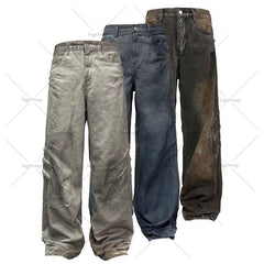 Advbridge Gothic Punk Style Scratched Washed Baggy Jeans Men Y2K Harajuku Retro Loose Casual Straight Pants High Street Fashion Streetwear