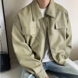 Advbridge New casual personality solid simple leather coat, motorcycle leather coat, loose Design Sour Top PU Leather Lapel Outerwear