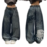 Advbridge 90s Streetwear Streetwear New Oversized Geometric Print Washed Pocket Straight High-waisted Jeans Female Y2K Fashion Harajuku Lazy Wide Pants 1017