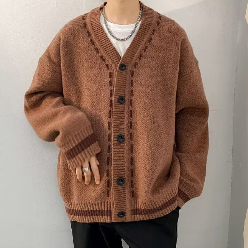 Advbridge V-neck sweater Cardigan men's autumn and winter casual Korean sweater coat loose line sweater Japanese retro trend Korean sweate