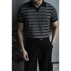 Advbridge Light Mature Korean Style Men's Shirt Casual Striped Pullover Polo Shirt Trendy Ins Summer Short Sleeve Sweater T-shirt