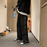 Advbridge Men's baggy jeans, a tousled waist, classic solid color, buttons and wireleg pants, men buckle pants Korean fashion