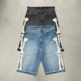 Advbridge 90s Streetwear Y2K Street New Fashion Skeleton Embroidery Loose Shorts Men Retro Harajuku Pop Hip Hop Gothic High Waist Sports Denim Shorts