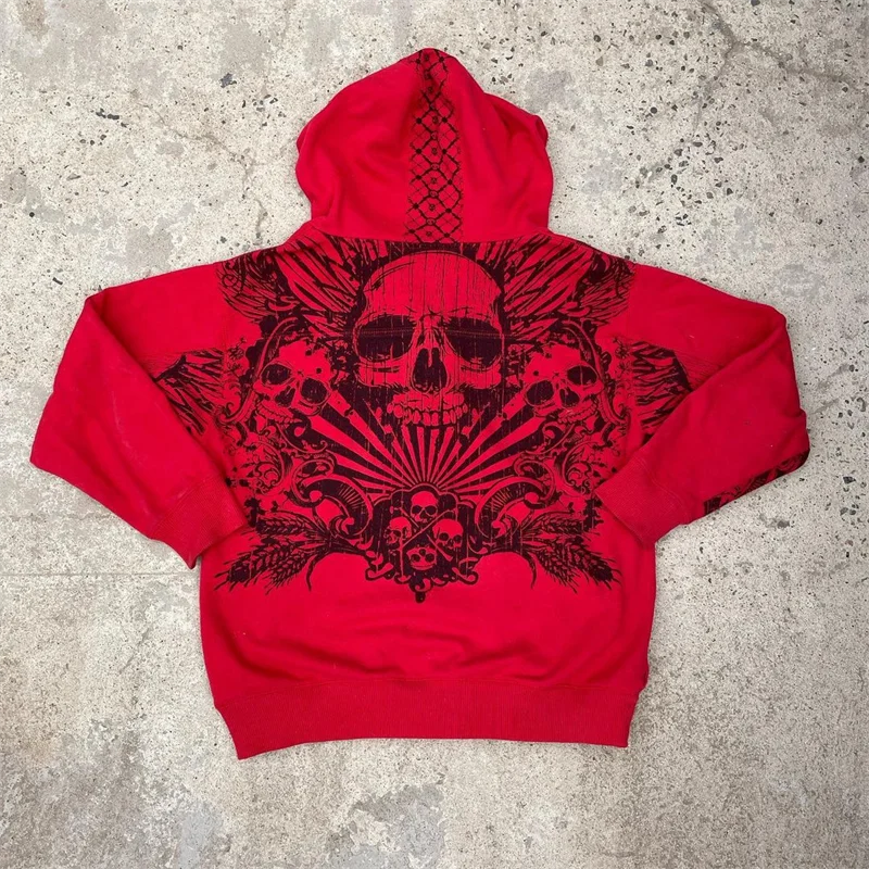 Advbridge Gothic Dark Skull Print Red Zipper Hoodie Men's Women's American Street Trend Hip-Hop Rap Top Loose Y2k Millennial Sweatshirt