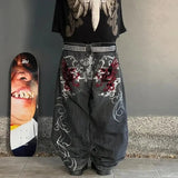 Advbridge 90s Streetwear Vintage New Fashion Harajuku Pattern Black Embroidered Baggy Jeans Y2K High Street Casual Gothic High Waisted Wide Leg Trousers