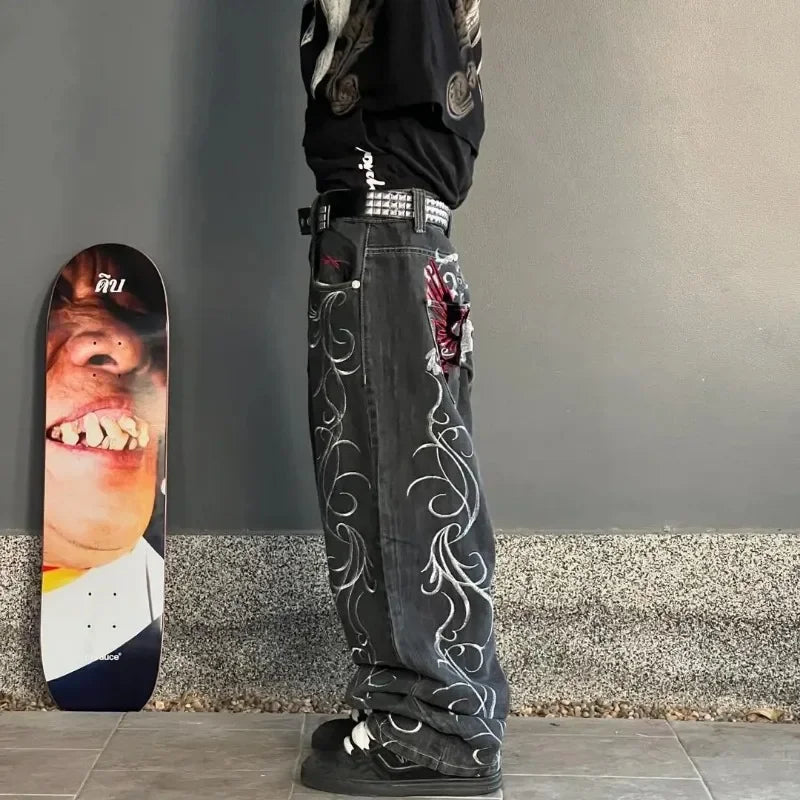 Advbridge 90s Streetwear Vintage New Fashion Harajuku Pattern Black Embroidered Baggy Jeans Y2K High Street Casual Gothic High Waisted Wide Leg Trousers