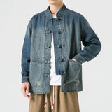 Advbridge Retro Chinese Style Washed Denim Jacket For Men Spring Autumn Long Sleeved Stand Collar Top Fashion Vintage Ethnic Shirts Coat