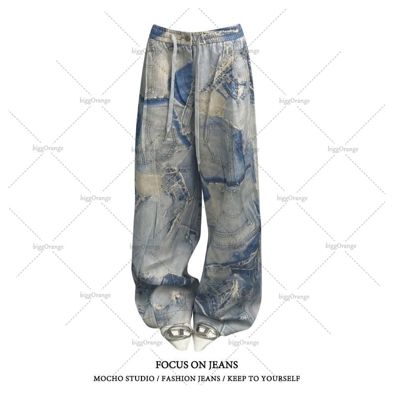 Advbridge Y2K Harajuku Clothing Women American Street Retro Washed Baggy Jeans Trend Brand Camouflage Distressed Wide-leg Straight Pants