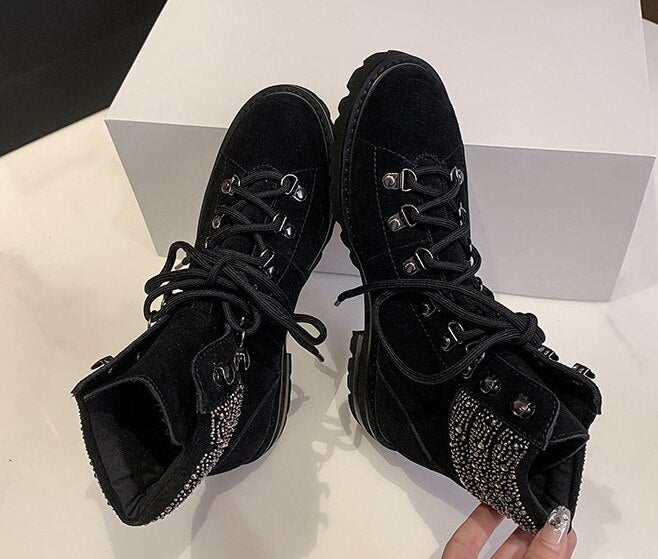 Advbridge Buckle Lace-up Short Boots Ankle High Women Shoes Fashion Square Heel Botas Femininas Rhinestone Bruine Dames Laarzen