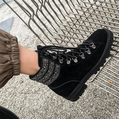 Advbridge Buckle Lace-up Short Boots Ankle High Women Shoes Fashion Square Heel Botas Femininas Rhinestone Bruine Dames Laarzen