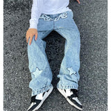 Advbridge Fashion Men Straight Jeans Blue Washed Embroidered Trousers Street Style Male Trendy Printed Jeans Big Size