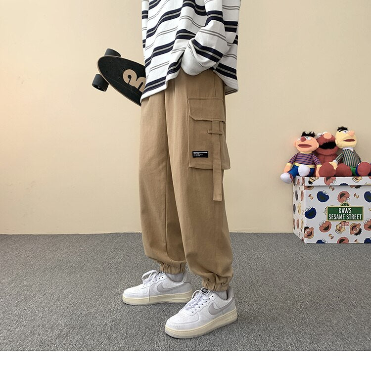 Advbridge Men's Loose Overalls Cargo Pocket Decoration Casual Pants Hip Hop Joggers Sweatpants Fashion Homme Elastic Waist Trousers