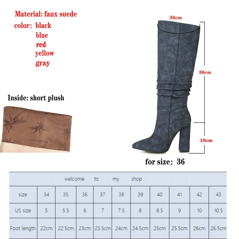 Advbridge Women Knee High Boots Fashion Pointed Toe Square High Heel Ladies Winter Boots Slip on Female Shoes Black Yellow Gray