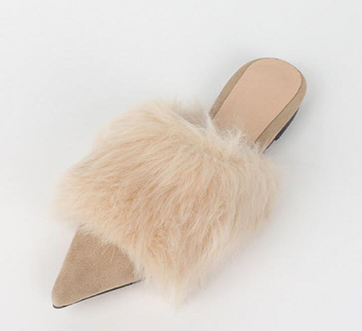 Advbridge real rabbit fur women slippers pointed toe slides shoes with long fur mules woman luxury pantoufle femme real furry footwear 616