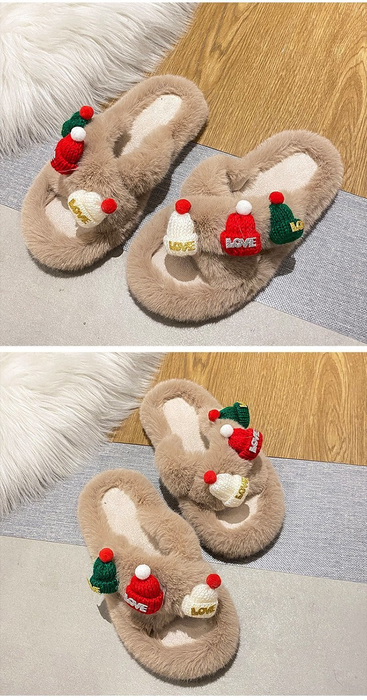 Advbridge Christmas Slippers Women Soft Faux Fur Cross Indoor Floor Slides Ladies Warm Fluffy Outdoor Slippers Female Cozy Shoes Flip Flop