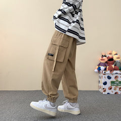 Advbridge Men's Loose Overalls Cargo Pocket Decoration Casual Pants Hip Hop Joggers Sweatpants Fashion Homme Elastic Waist Trousers