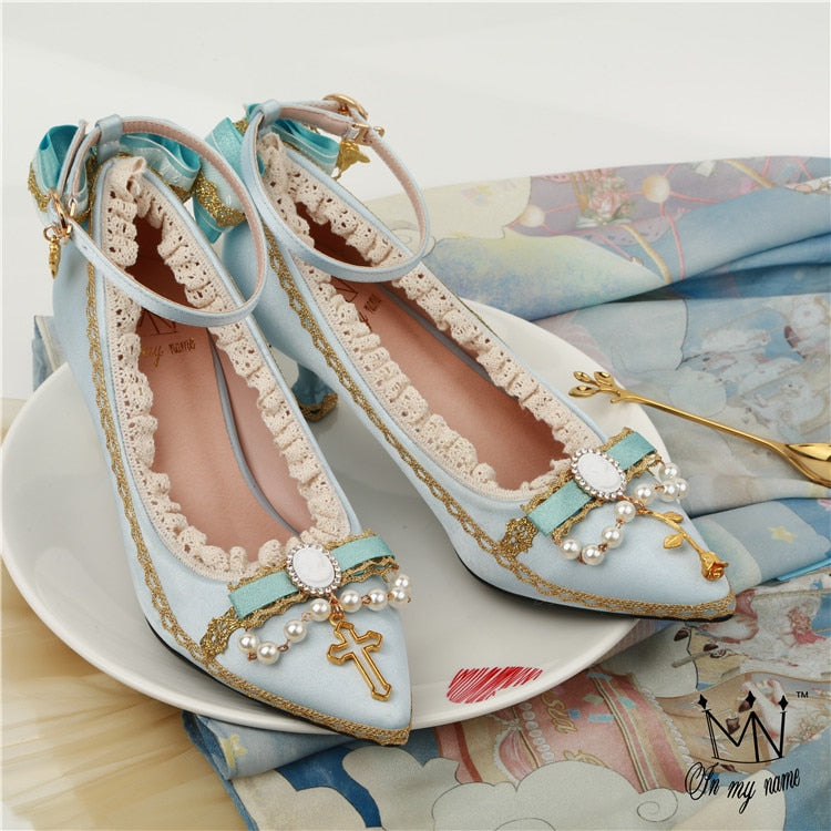 Advbridge Princess tea party kawaii  court retro lace bowknot shallow mouth lolita high heel pointed pearl elegant women shoes loli cos