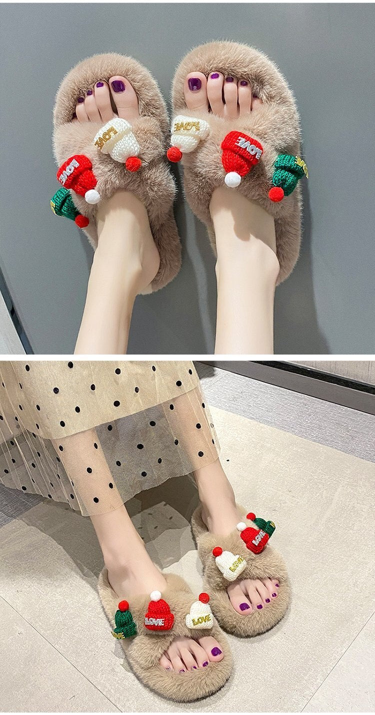 Advbridge Christmas Slippers Women Soft Faux Fur Cross Indoor Floor Slides Ladies Warm Fluffy Outdoor Slippers Female Cozy Shoes Flip Flop