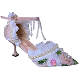 Advbridge Sweet Woolen Flower with Pearl High Heels Woman Beads Tassel Ankle Strap Pointed Toe Cup Heels Pink Satin Wedding Pump Shoes