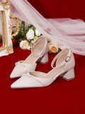 Advbridge White Wedding Shoes Thick Heel Bridesmaid Shoes Main Wedding Dress Bride Shoes  Feet French Pearl Sandals Women Summer Heel