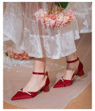 Advbridge White Wedding Shoes Thick Heel Bridesmaid Shoes Main Wedding Dress Bride Shoes  Feet French Pearl Sandals Women Summer Heel