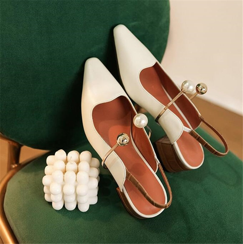 Advbridge Fashion White Women Pumps Slingbacks Square High Heels Genuine Leather Pearl Circle Decor Summer Sandals Prom Dress Shoes Woman