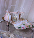 Advbridge Sweet Woolen Flower with Pearl High Heels Woman Beads Tassel Ankle Strap Pointed Toe Cup Heels Pink Satin Wedding Pump Shoes