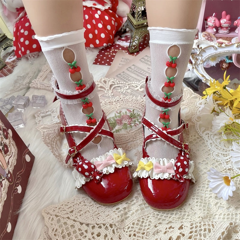 Advbridge Lolita Shoes Sweet Daily Bowknot Lolita Shoes Student Red Christmas Cute Candy Ruffled Cosplay Cos Lolita Soft Girl Shoes