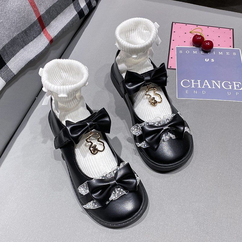 Kawaii Lace Lolita Shoes Bear Metal Decoration Zapatillas Mujer Lovely Girls Bow Mary Janes Casual Hear Ladies Footwear