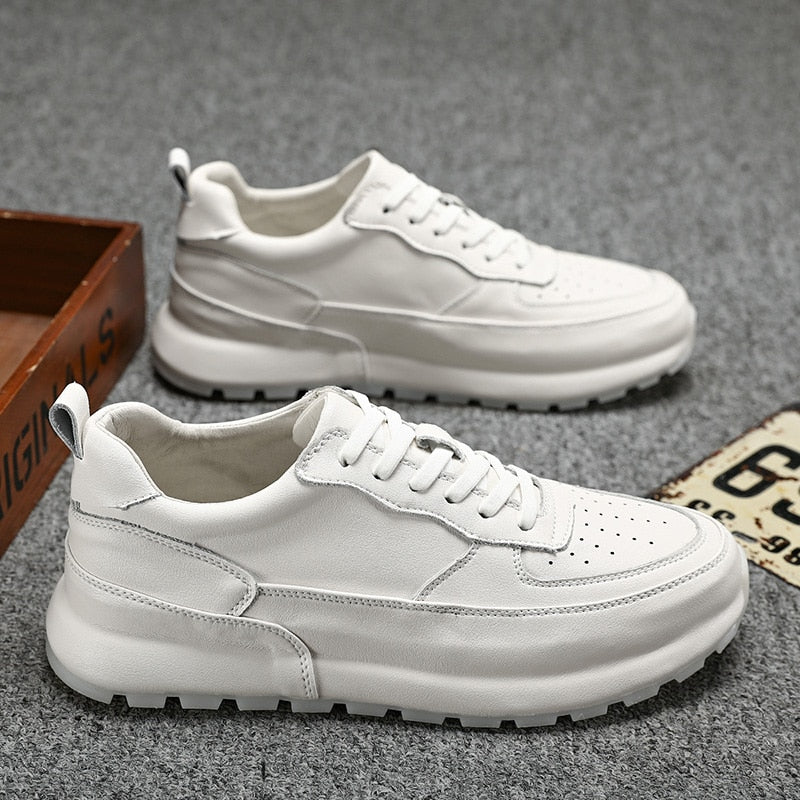 Advbridge Classic White Shoes Men Lace-up Solid Sneakers Male Casual Genuine Leather Flats Soft Low Top Light Leisure Walk Board Shoes