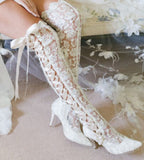 Advbridge Romantic Floral Lace Ribbons Bandage Over Knee Boots Women Kitten Heel Wedding Boots Lace Mesh Prom Ball Thigh Botas