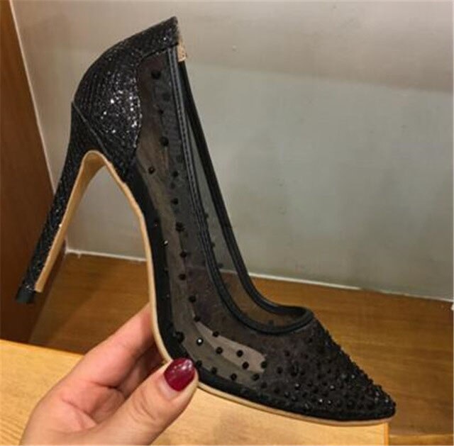 Advbridge Charming Ladies Glitter Rhinestone Mesh Pumps Pointed Toe Summer Nude Black Lace Crystal Sequined High Heels Wedding Shoes