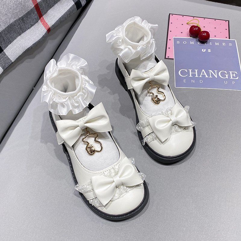 Kawaii Lace Lolita Shoes Bear Metal Decoration Zapatillas Mujer Lovely Girls Bow Mary Janes Casual Hear Ladies Footwear