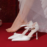 Advbridge White Silk Satin Wedding Shoes Summer Women's New French High-heeled Bride's Shoes with A Line with Sandals with Skirts