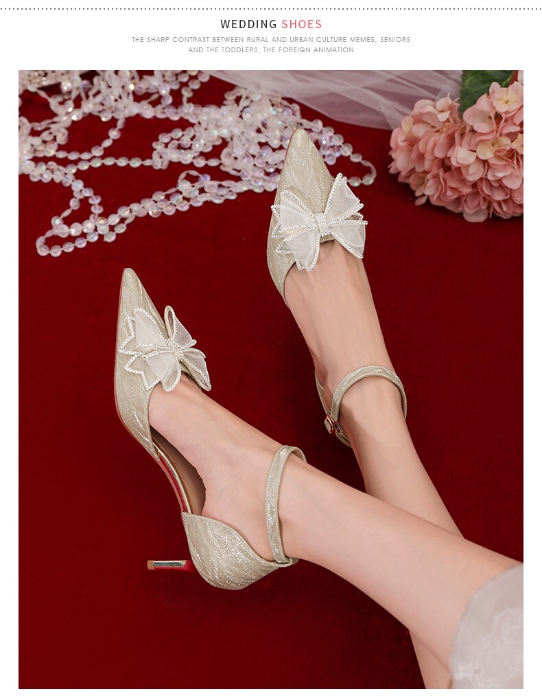 Advbridge Daily Wedding Shoes French Bride Crystal Shoes Minority Dress Shoes Summer Rhinestone Bow High-heeled Sandals Fairy Style