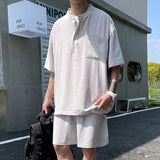 Advbridge (T-shirts+Shorts)summer Men's Stand Collar Short Sleeve T-shirt Mens Set Trend Solid Color Large Loose Shorts Two Piece Set