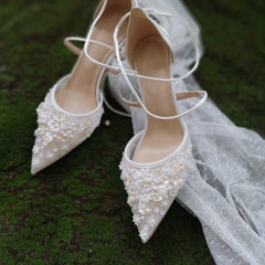 Advbridge New Bride's Shoes French Embroidery Stamping Handmade Girl White Bandage Lady's Wedding Dress High Heels Wedding Shoes