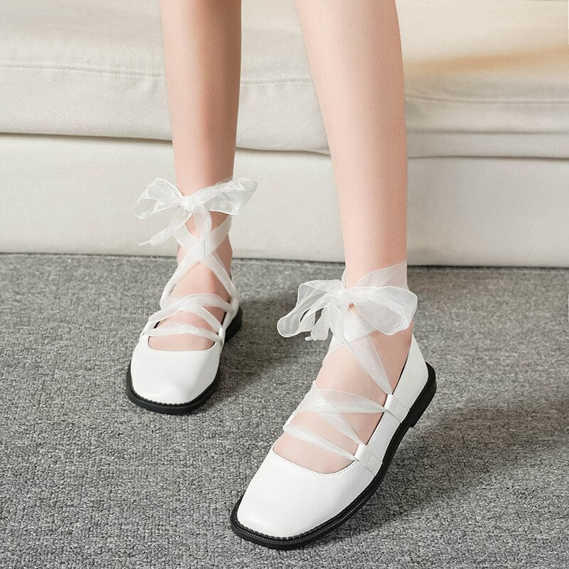 Feminine Pu Kawaii Lolita Shoes Woman Retro Mary Jane Female Flats Lace Up Square Head Low Heel Anime Cosplay Vintage Dress Shoe