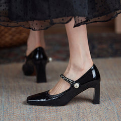 Advbridge High Heels Square Toe Women Pumps Cow Leather Ladies Shoes With Pearls Classic Design Mary James Footwear With Chains