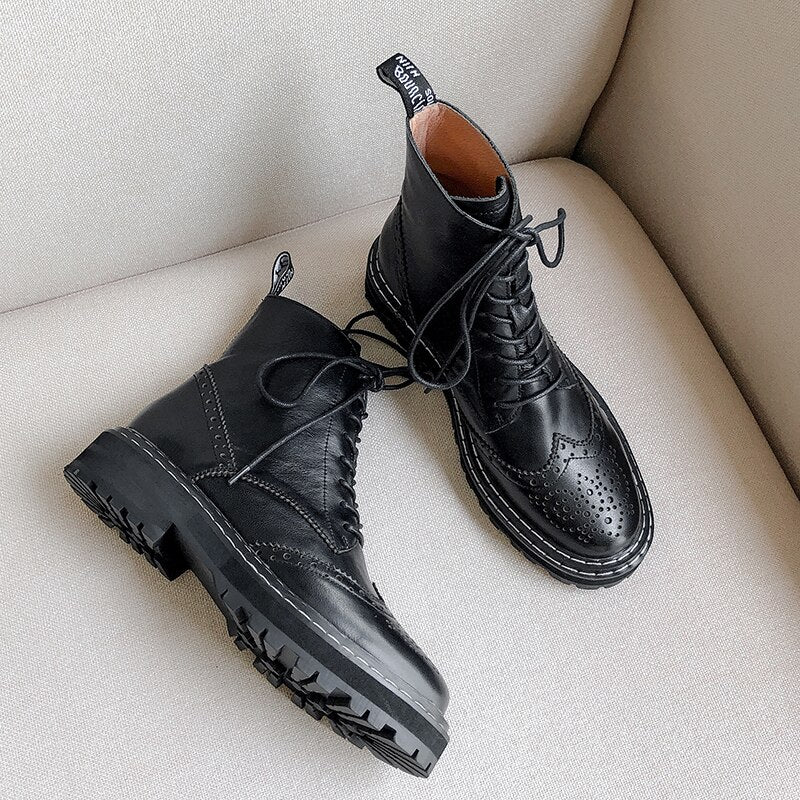 Advbridge Lace-Up Women's Ankle Boots Rome Style Sewing Embroider Flat Platform Boots Hand-made Genuine Leather Boots Female Women Shoes