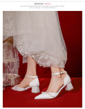 Advbridge White Wedding Shoes Thick Heel Bridesmaid Shoes Main Wedding Dress Bride Shoes  Feet French Pearl Sandals Women Summer Heel