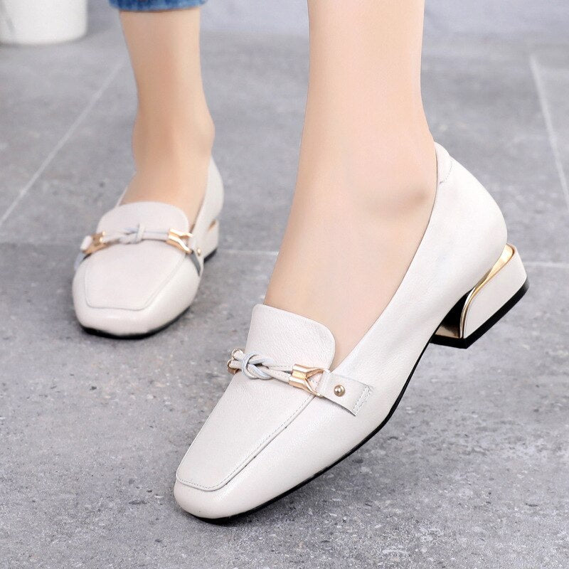 Advbridge Fashion New First Layer Cowhide Leather Single Shoes Autumn Mid-heel Comfortable and Elegant Leather Shoes Ladies Loafers