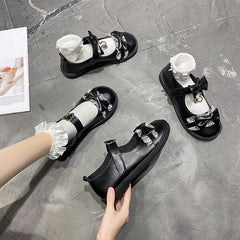 Kawaii Lace Lolita Shoes Bear Metal Decoration Zapatillas Mujer Lovely Girls Bow Mary Janes Casual Hear Ladies Footwear