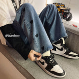 Advbridge Men's Baggy Homme Straight Pants love Printing Jeans Fashion Blue/black Casual Pants Biker Denim Loose Trousers M-2XL