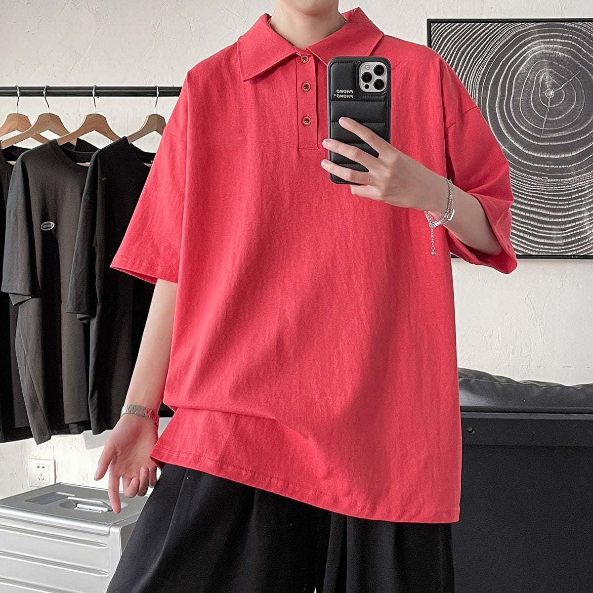 Advbridge Summer Men's Casual Clothes Couple T Shirts Lapel Collar Red Short Sleeve T-shirt Fashion Tops Tshirt Large Size M-5XL