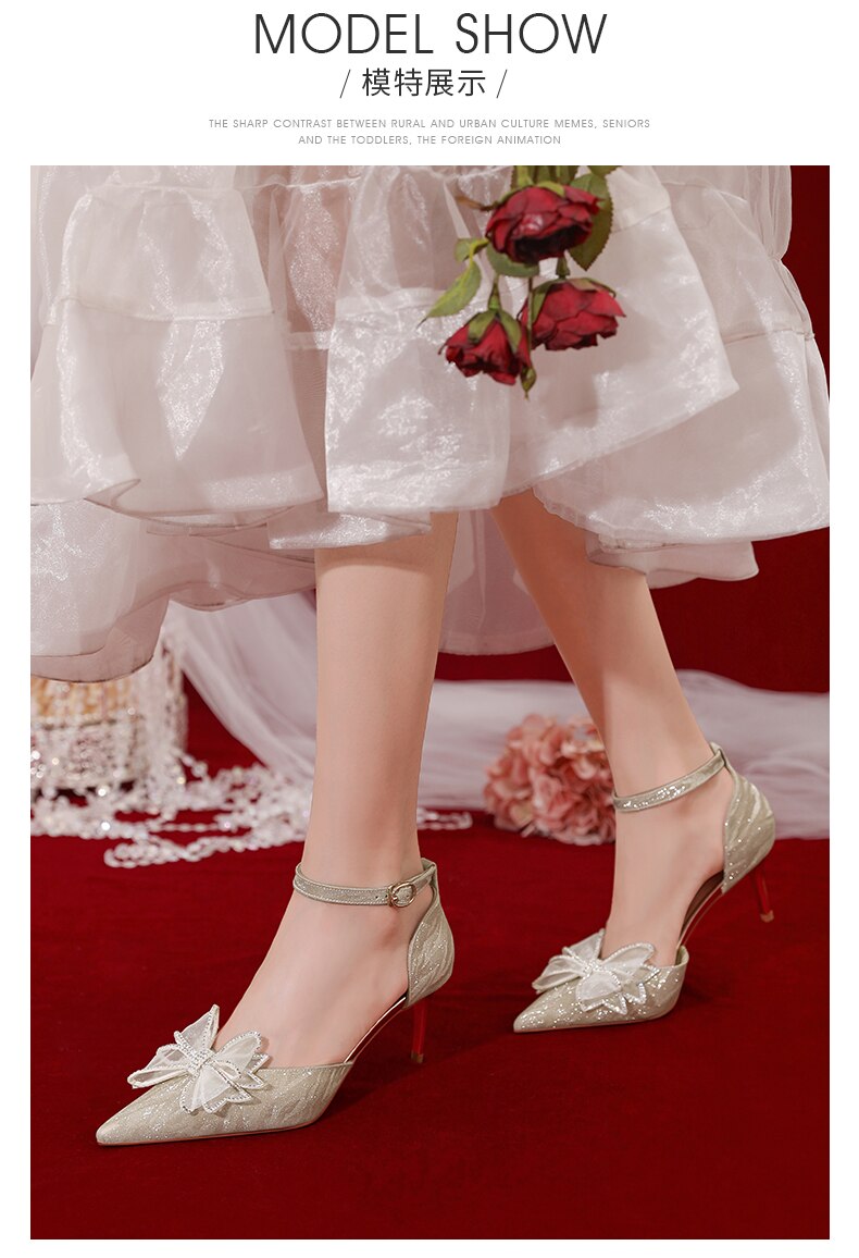 Advbridge Daily Wedding Shoes French Bride Crystal Shoes Minority Dress Shoes Summer Rhinestone Bow High-heeled Sandals Fairy Style