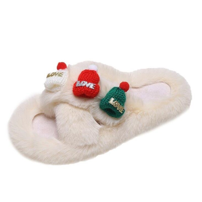 Advbridge Christmas Slippers Women Soft Faux Fur Cross Indoor Floor Slides Ladies Warm Fluffy Outdoor Slippers Female Cozy Shoes Flip Flop