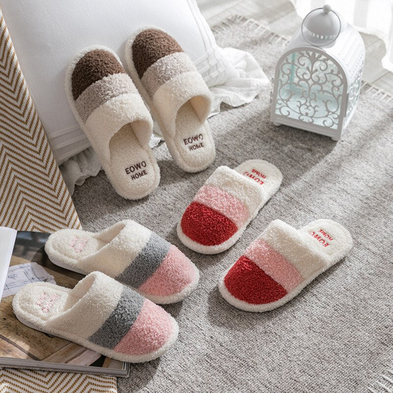 Advbridge Winter Home Cotton Warm Slippers Women Men Fur Shoes Cute Non-slip Soft Sole Indoor Bedroom House Female Couples Furry Slides